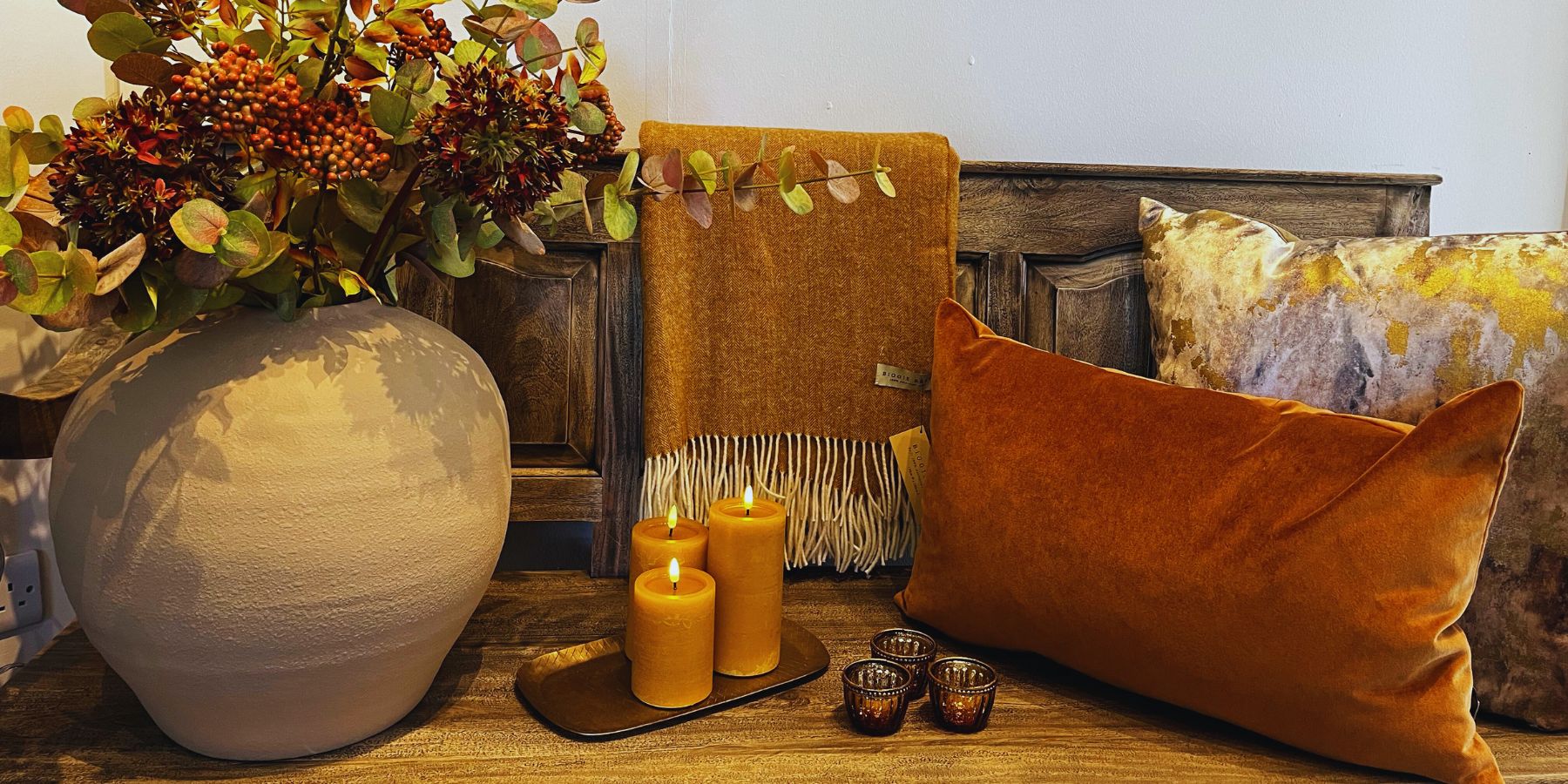 Bench with Autumn Gold and Pumpkin Spice Homeware Collection from Seddon and Davison