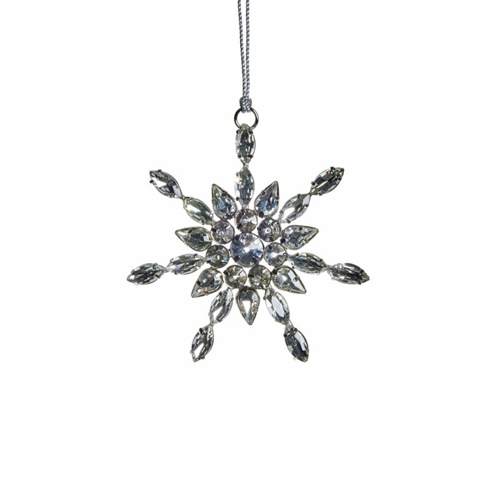 Decorative Ada Festive Silver Glass Tree Snowflake Tree Ornament with clear gemstones on a white background