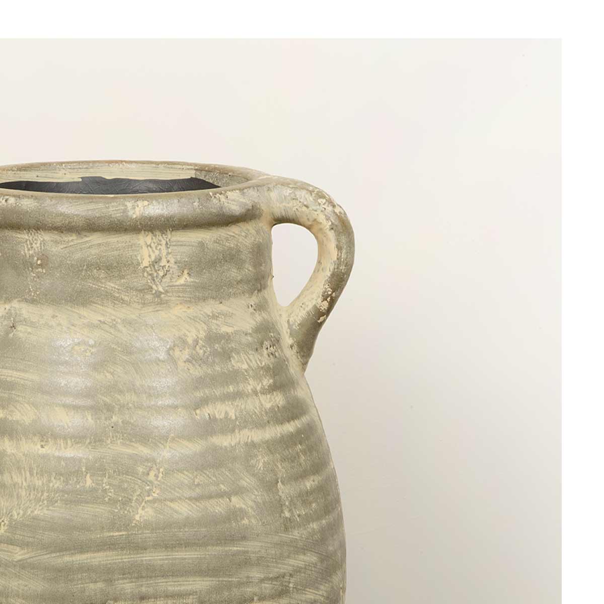 Aged Brown Terracotta Vase with Handles – 33cm decorative terracotta vase on dark surface - Close up of handles