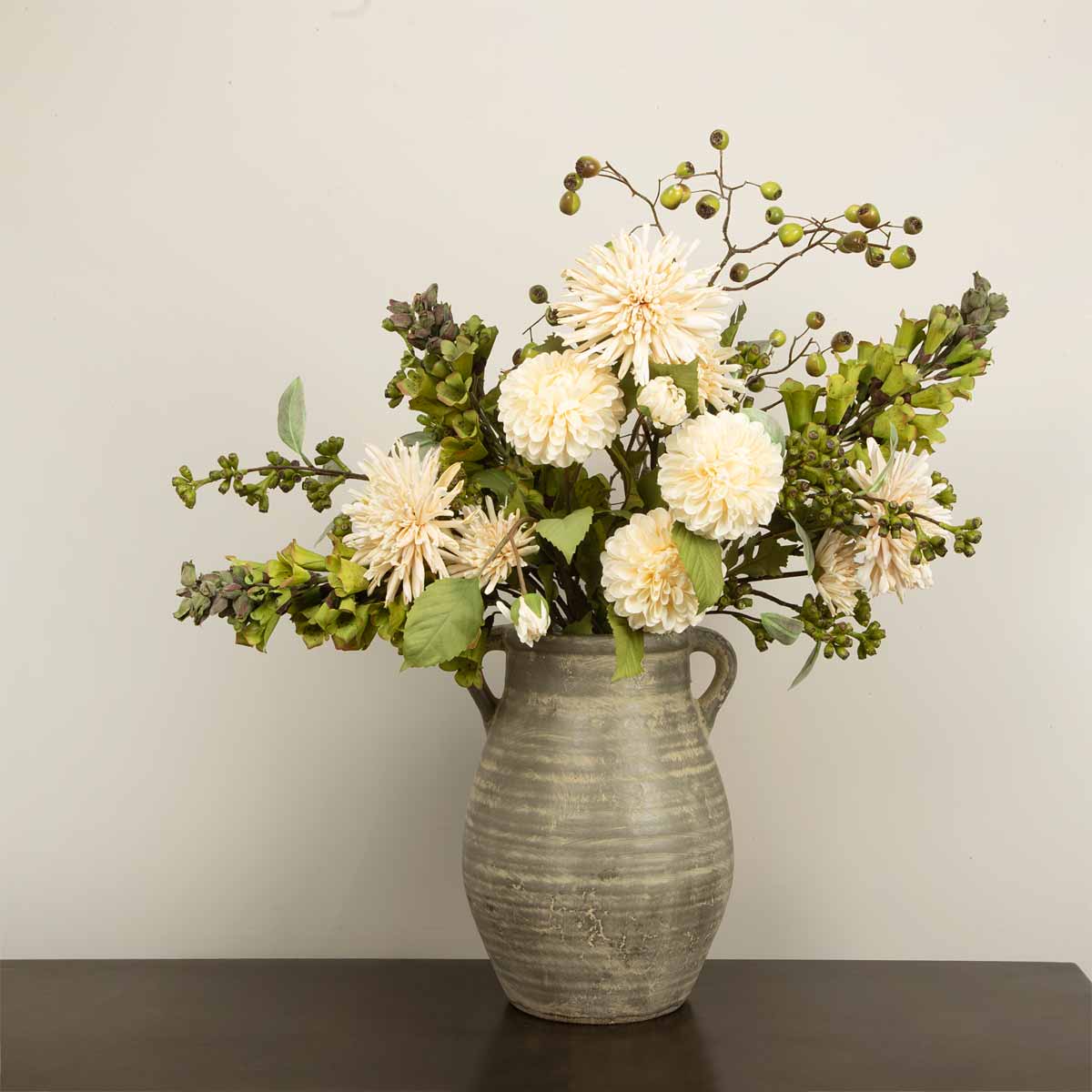 Aged Brown Terracotta Urn Vase – styled with faux cream flowers and greenery