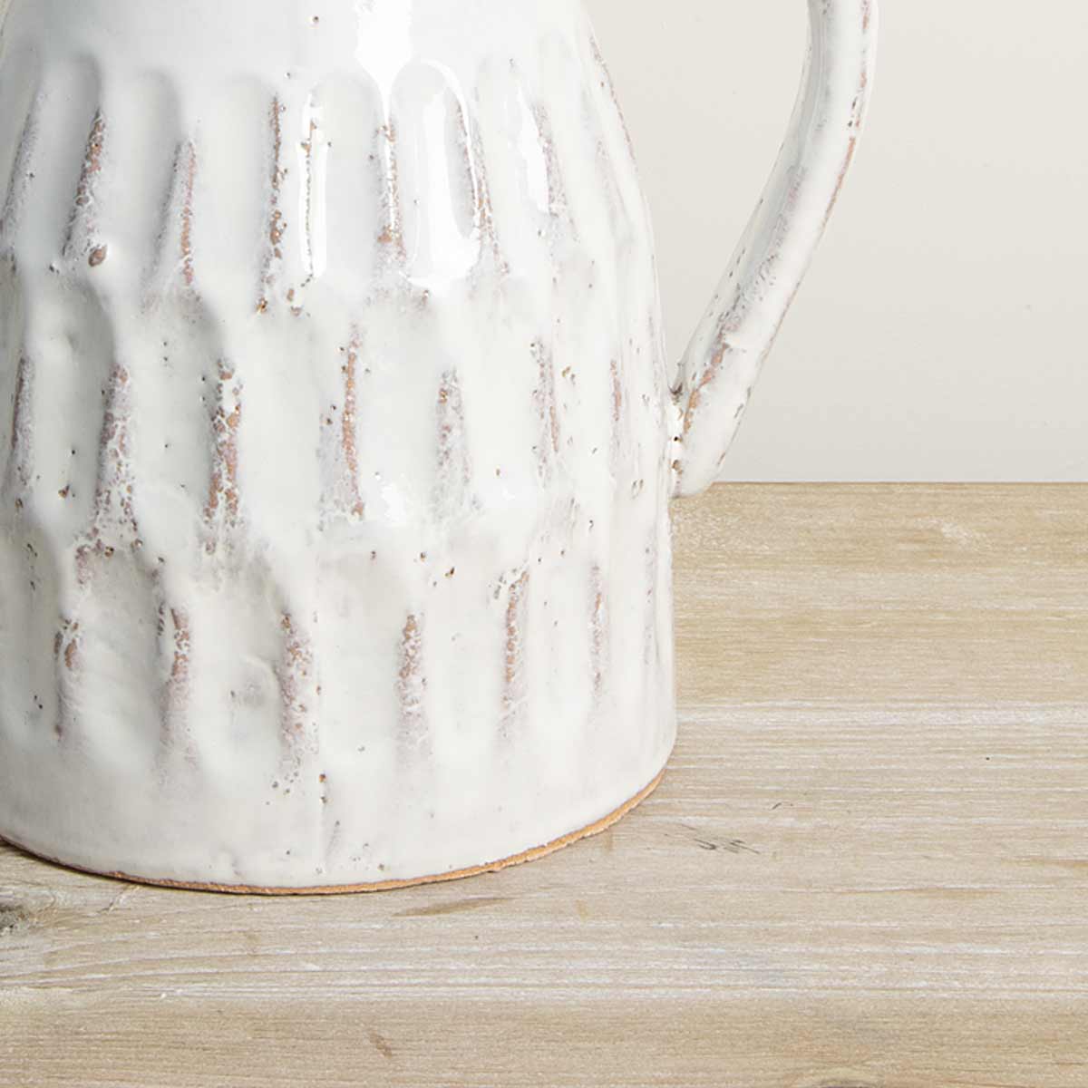 Aged Cream ridged Terracotta Jug – 22cm decorative jug close up of textured glaze