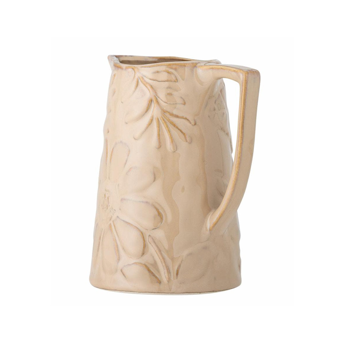 Aldon caramel-glazed ceramic jug with an embossed floral pattern, designed for serving drinks or displaying flowers - viewed from the handle.
