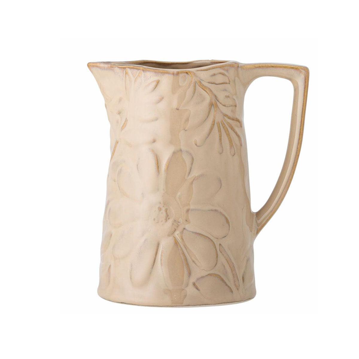 Aldon caramel-glazed ceramic jug with an embossed floral pattern, designed for serving drinks or displaying flowers.