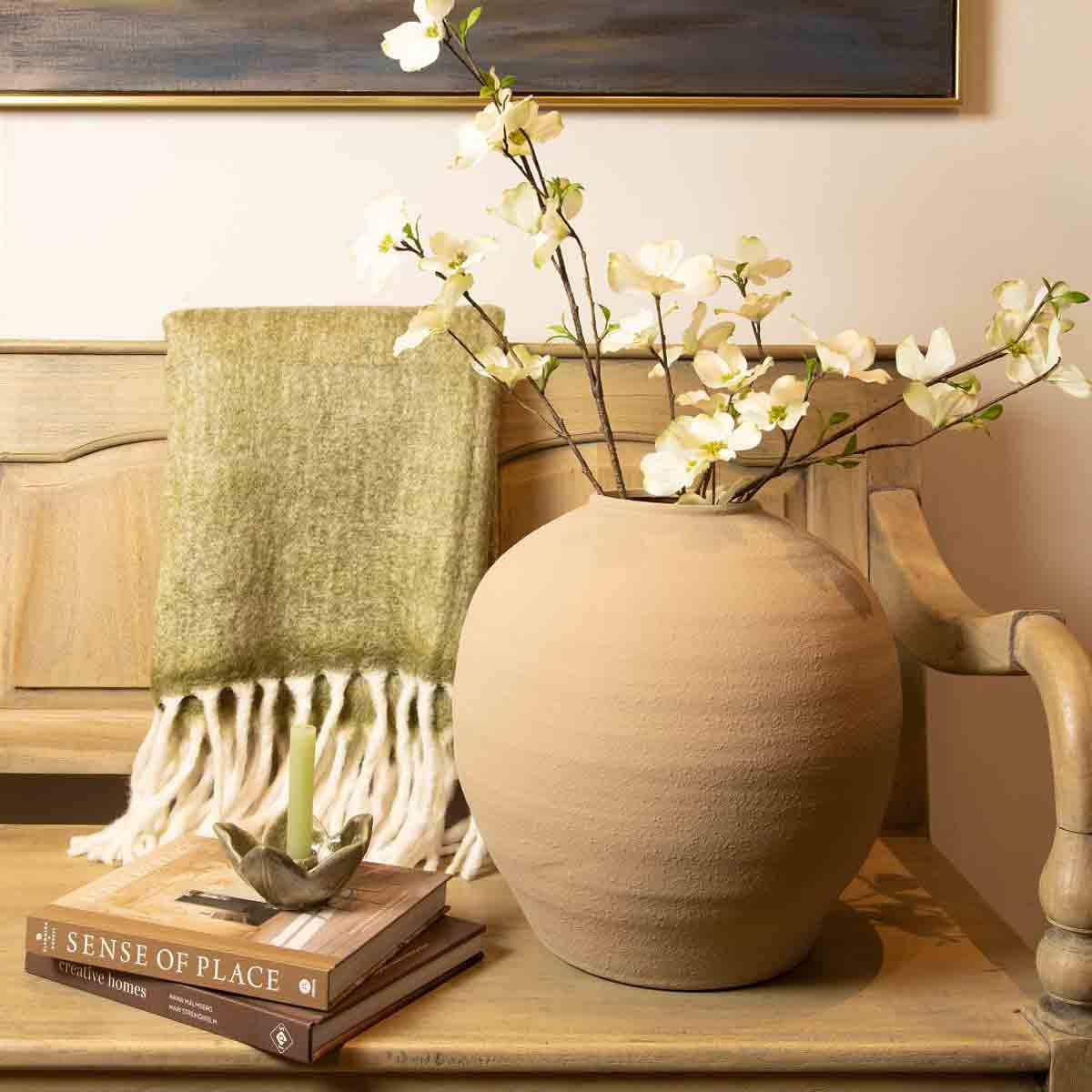 Almond Textured Urn Vase – Small size styled on a wooden bench with faux white blossom stems