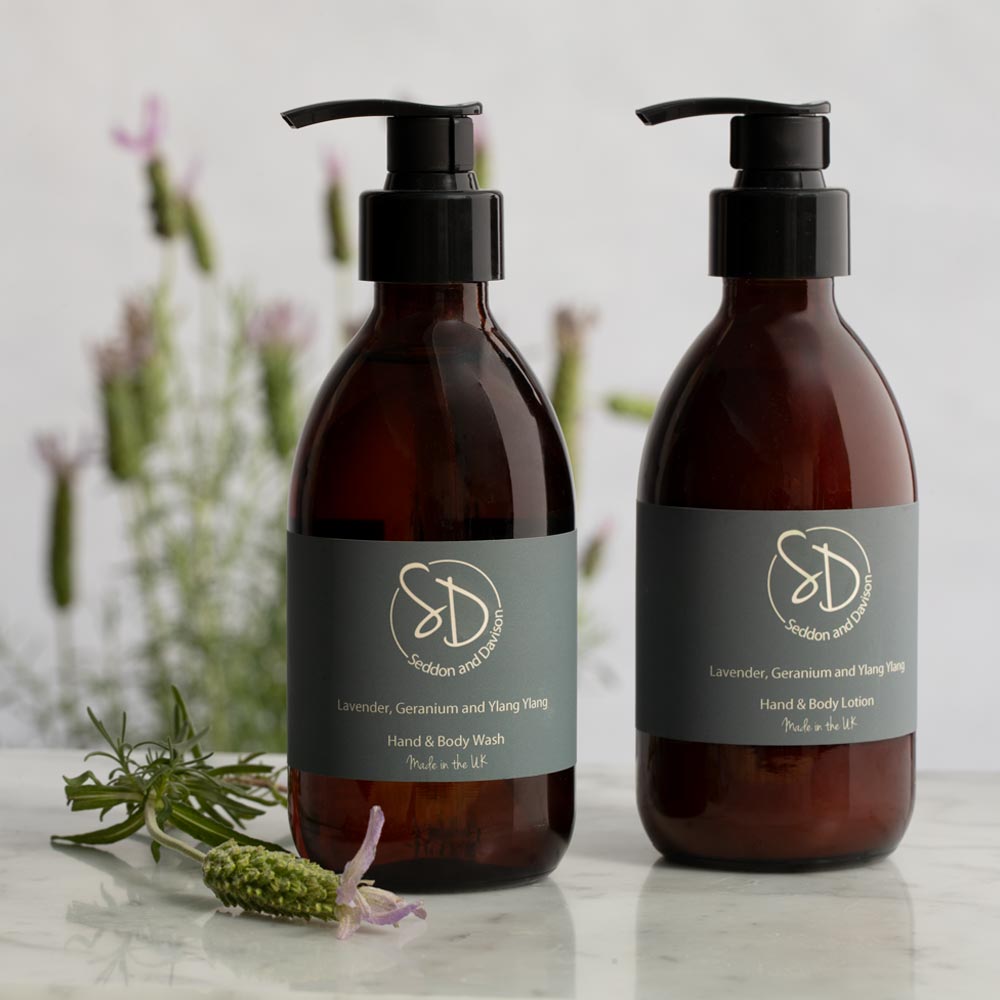 Amber Glass Hand and Body Lotion - Lavender, Geranium and Ylang Ylang by Seddon and Davison