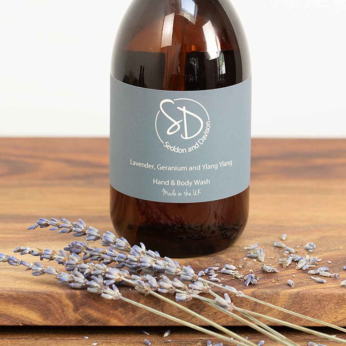 Amber Glass Hand and Body Wash  - Lavender, Geranium and Ylang Ylang by Seddon and Davison