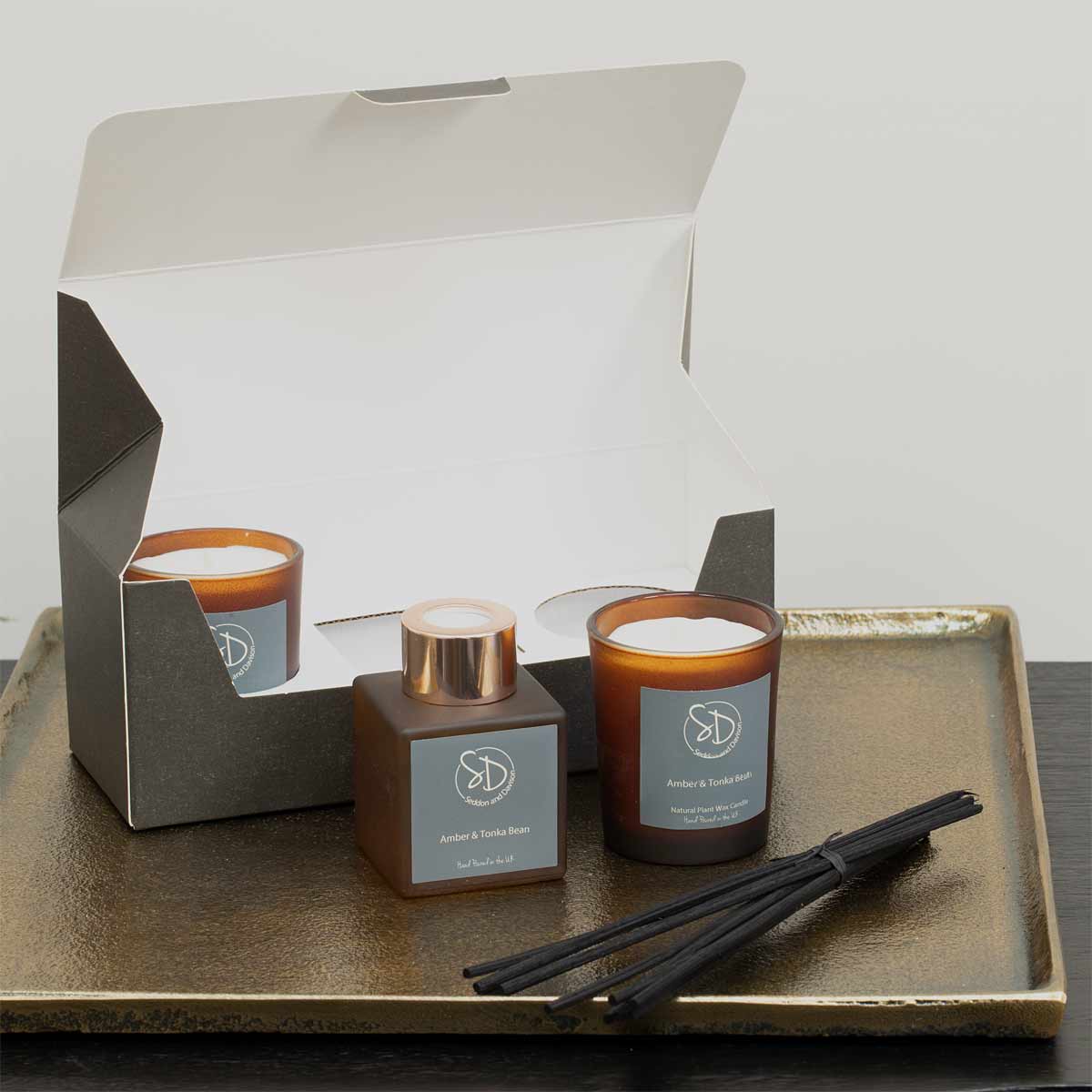 Amber and Tonka Bean Home Fragrance Gift Set – frosted amber reed diffuser and votive candles - Displayed with Box