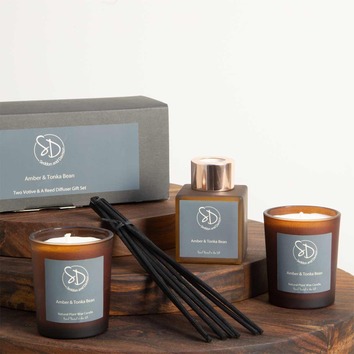 Amber and Tonka Bean Home Fragrance Gift Set – frosted amber reed diffuser and votive candles