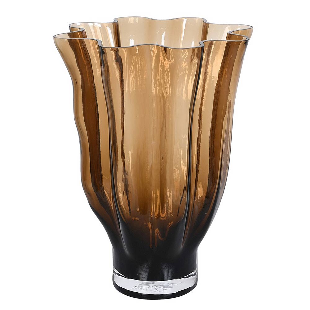 A fluted glass vase with a wavy, scalloped rim, featuring a smoky amber-brown color that transitions to a dark brown base with a clear glass bottom, shown on a plain white background.