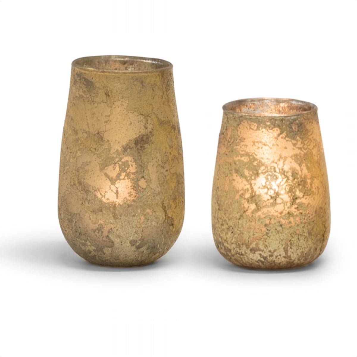 Antique copper and gold hurricane candle holders in two sizes, with mottled reflective finish