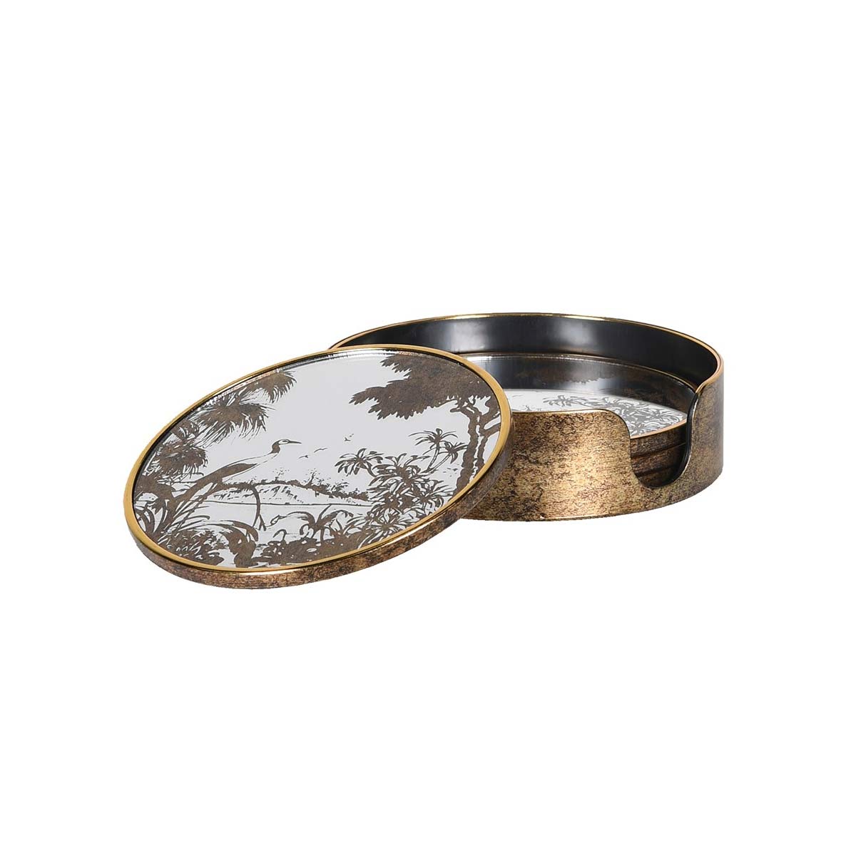 Antique Gold Crane Coasters – set of 4 with gold-effect rim and printed crane design