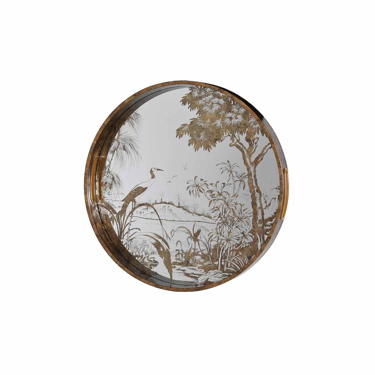 Antique Gold Crane Tray 36cm – round mirrored display tray with gold-effect rim and cut-out handles - From above
