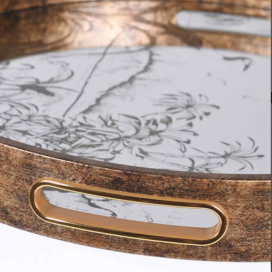 Antique Gold Crane Tray 36cm – round mirrored display tray with gold-effect rim and cut-out handles - Close up