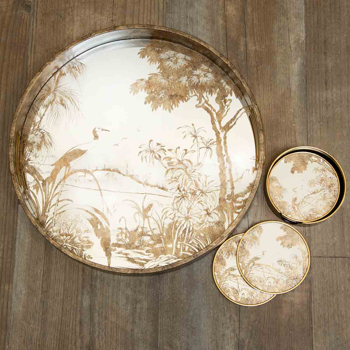 Antique Gold Crane Tray with Coasters – vintage-style mirrored tray set on wood surface
