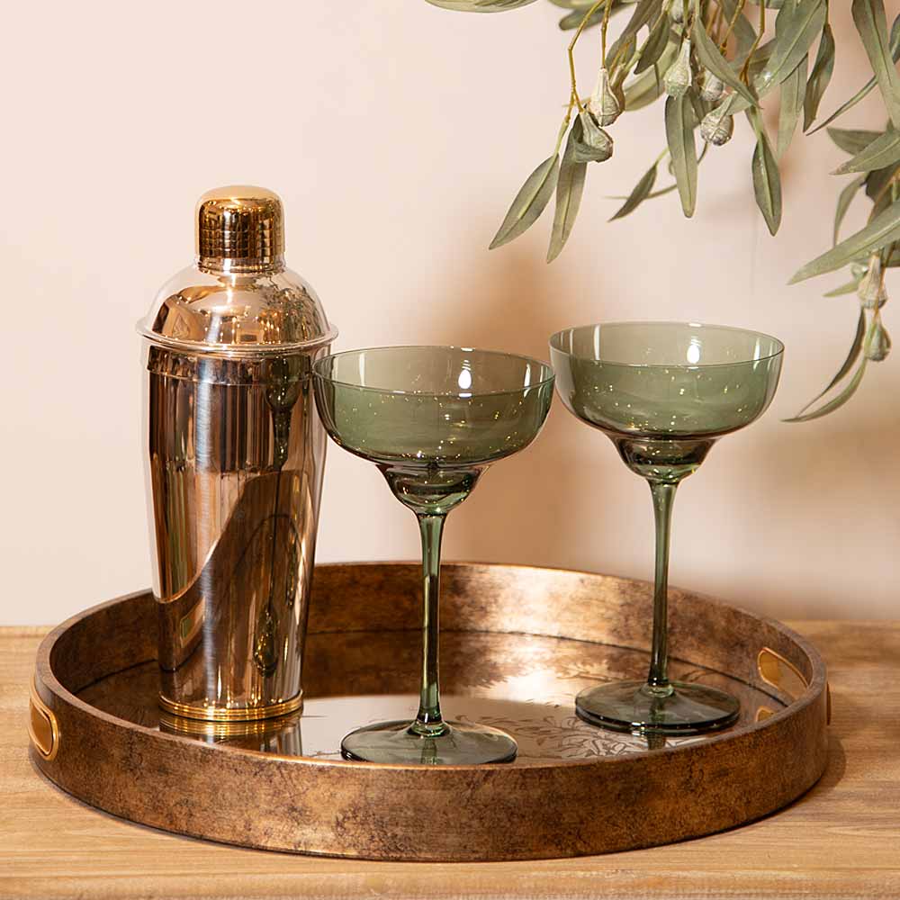 Antique Gold Round Tray | Mirrored Glass with Vintage Crane Design