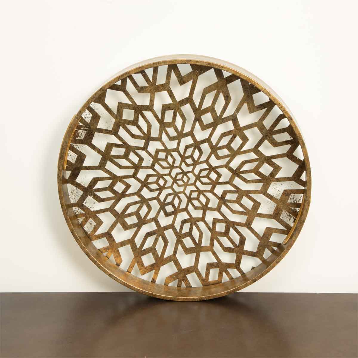 Antique Gold Mosaic  Round Tray with Geometric Pattern