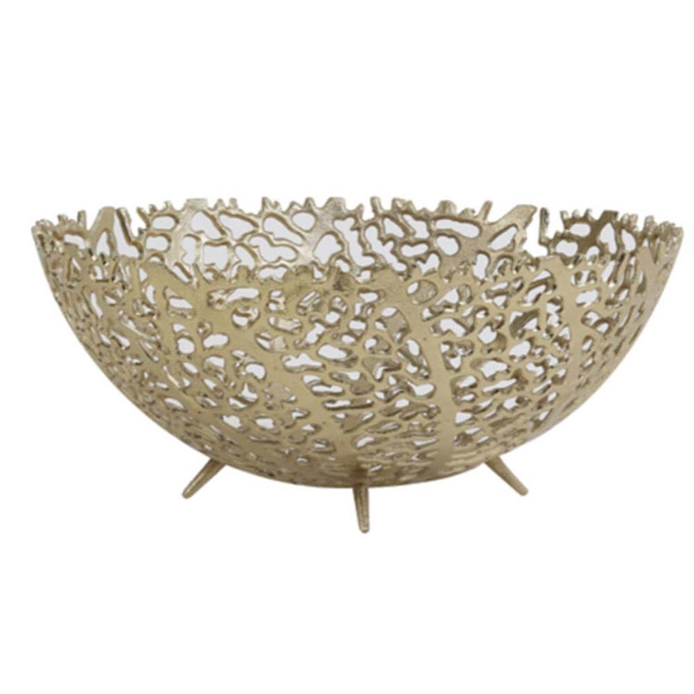 A decorative gold-toned metal bowl with an intricate openwork coral like lattice pattern and three small legs, shown on a plain white background.