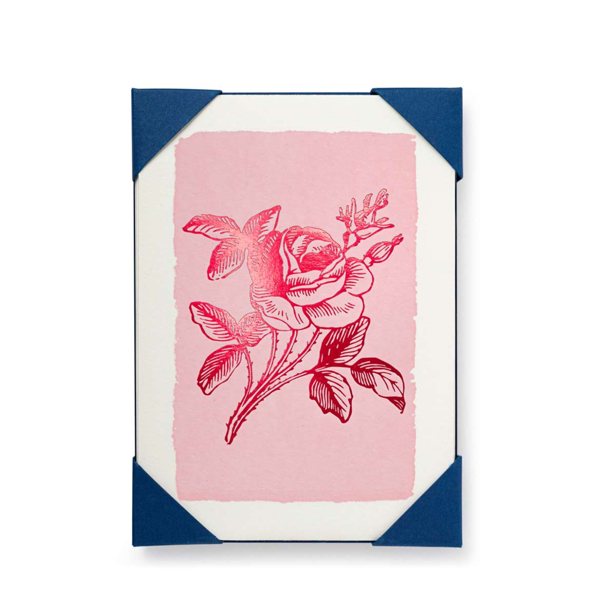 Archivist Rose Notelet Card Set – Pack of 5 luxury letterpress-printed cards with an elegant red foiled rose design, blank inside, paired with white envelopes.