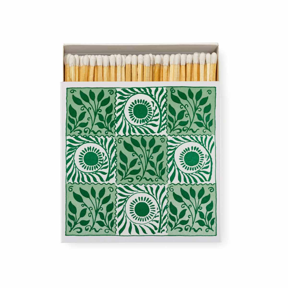Green and white tile-patterned Archivist matchbox, inspired by William de Morgan, containing 125 extra-long matches.
