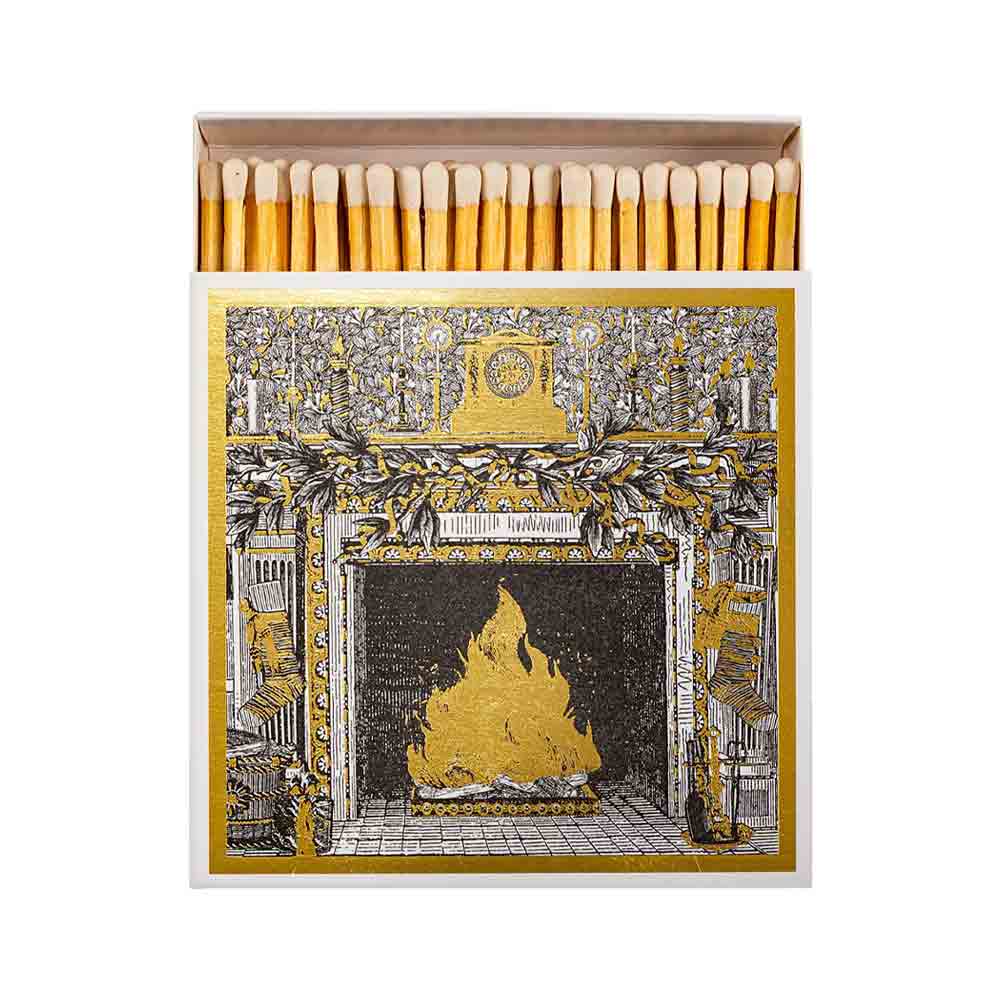 Archivist Christmas fireplace matchbox with stockings, holly and glowing fire - Gold, black and white design