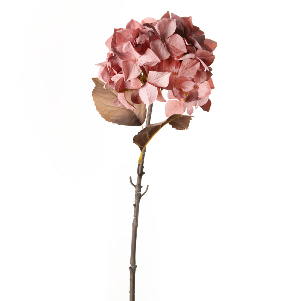 A single artificial pink hydrangea stem with textured petals, brown leaves, and a brown stem, isolated on a white background.