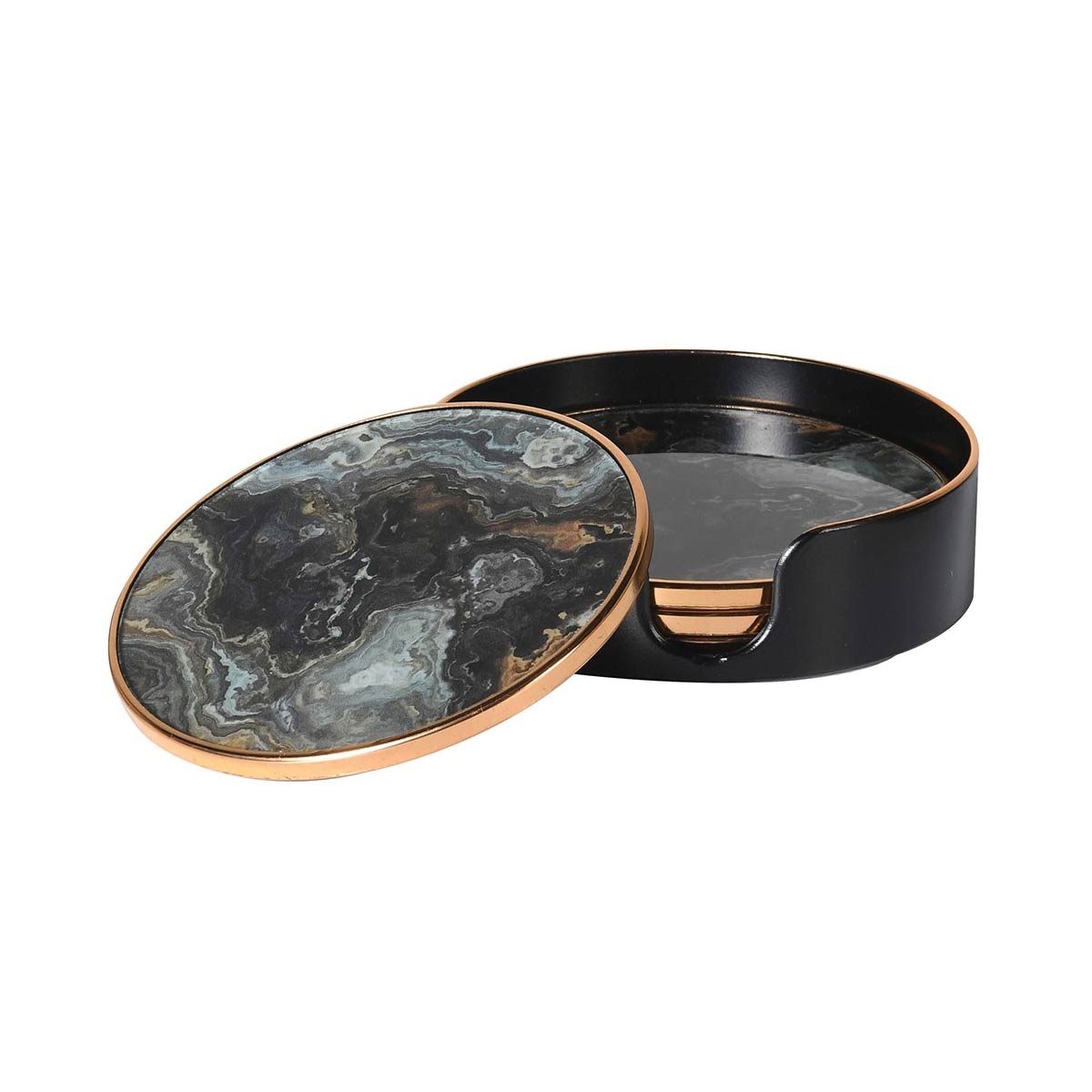 Black marble effect coasters with gold trim in holder – set of 4