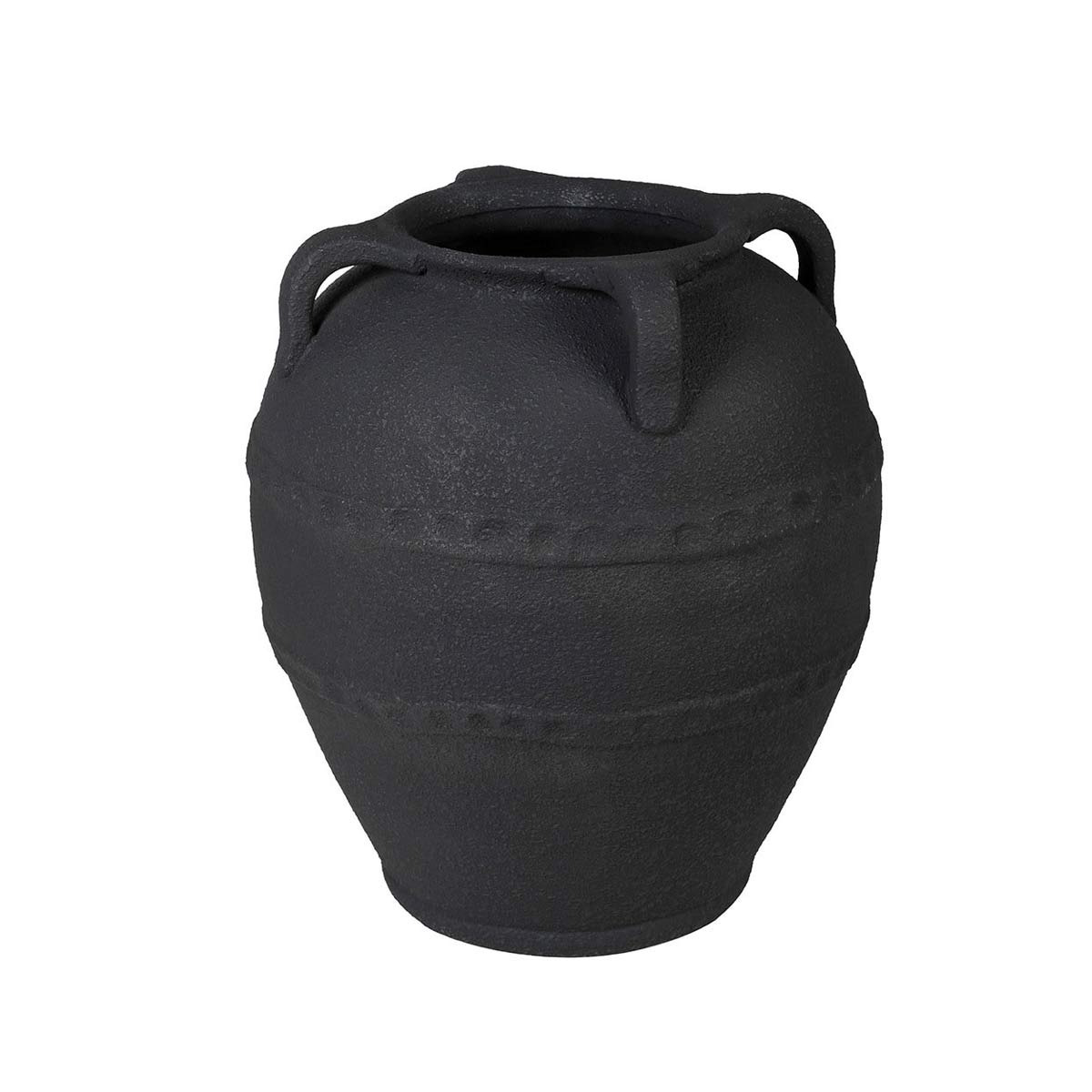 Black terracotta urn-shaped vase with sculptural handles and textured matte finish