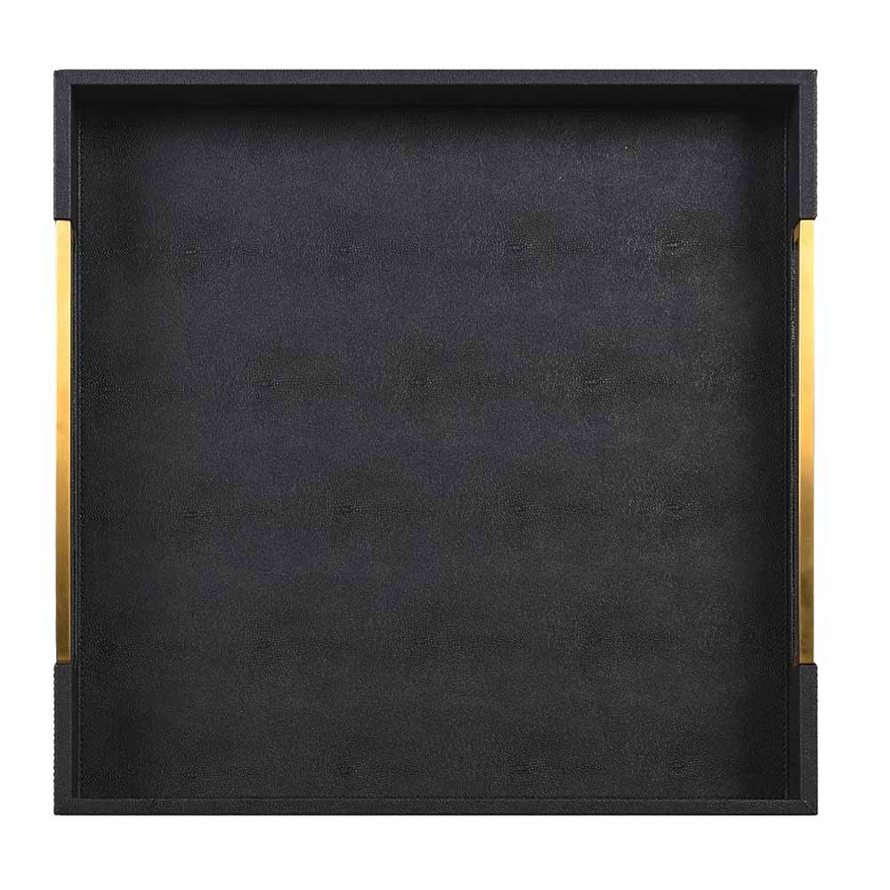 Large black Faux Shagreen Tray with Gold Handles on white background