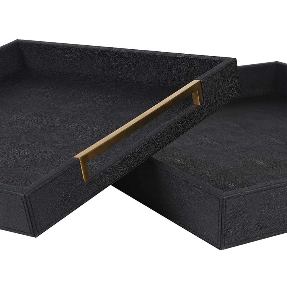 Close up of Black Faux Shagreen Tray with Gold Handles - Large and Small