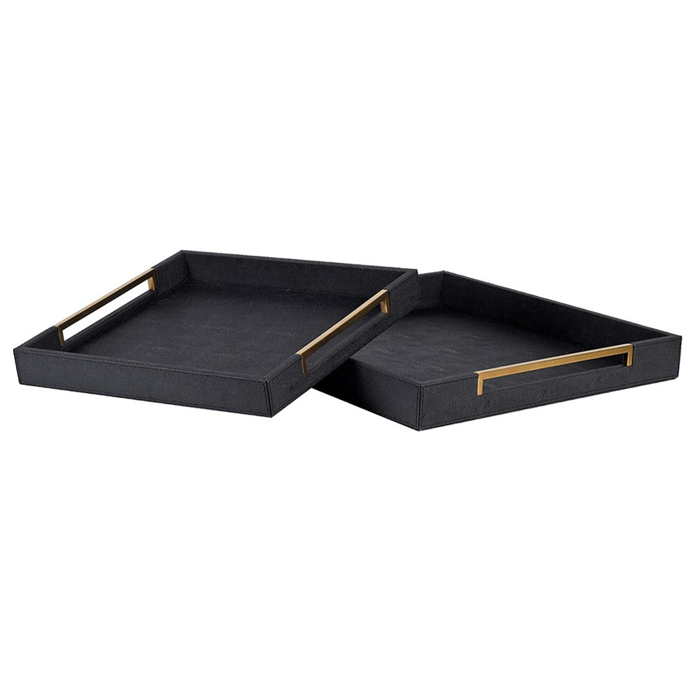 Black Faux Shagreen Tray with Gold Handles - Large and Small
