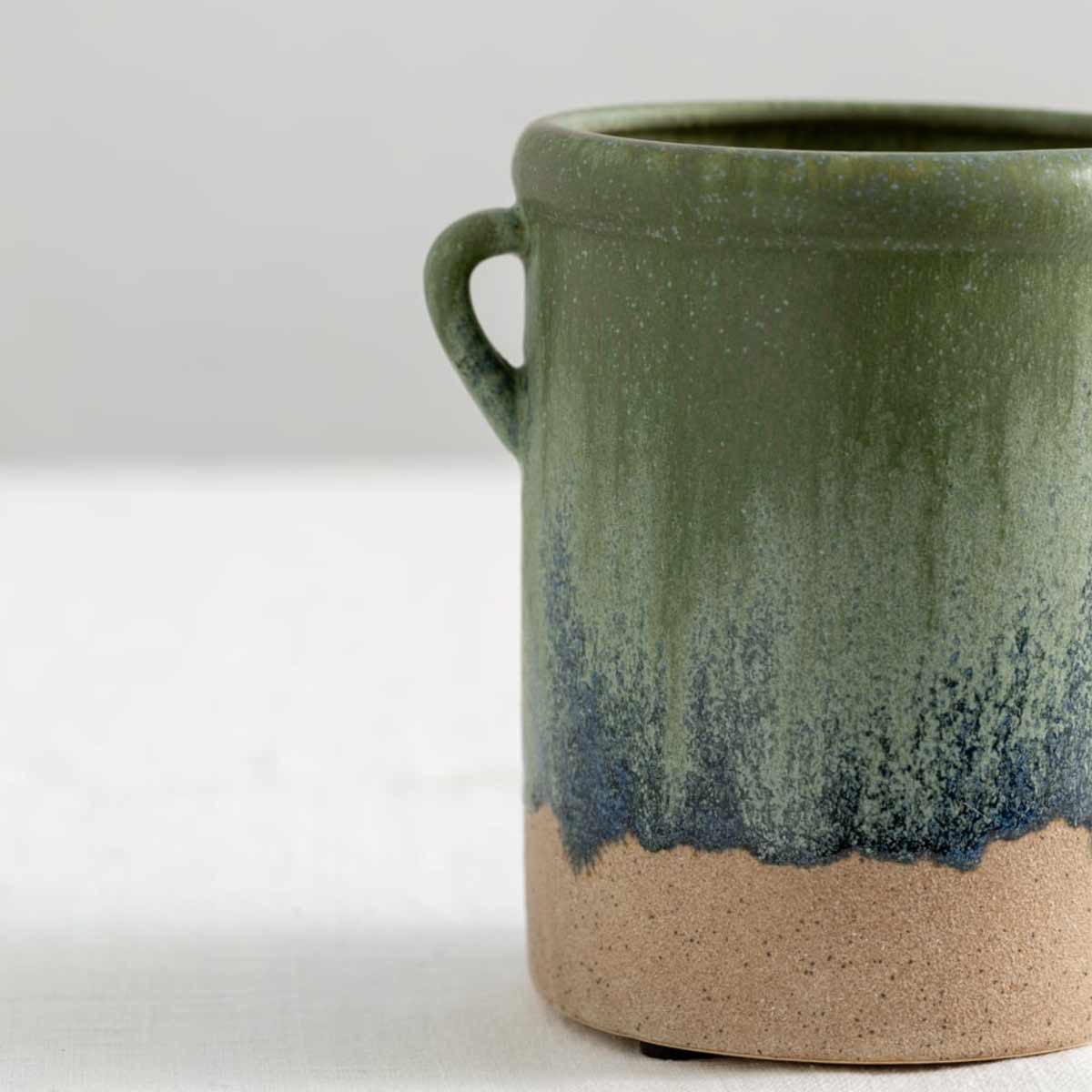 Blue Dipped Glazed Ceramic Jar with Handles – close-up of glazed blue finish and raw base