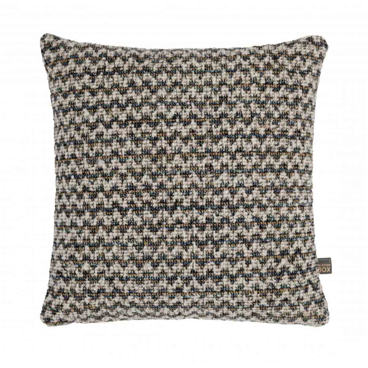 Handcrafted Braden Cushion in Blue and Cream with woven texture and feather-filled interior.