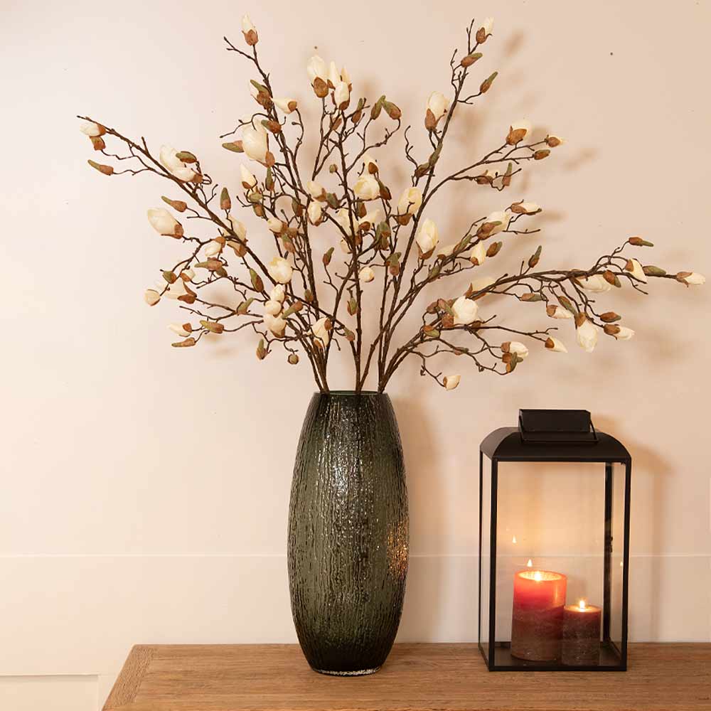 Brock vase displayed on a console table with dried flowers