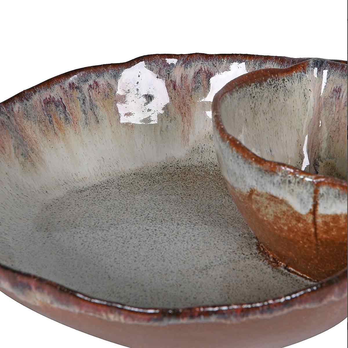 Brown Ombre Plate with Dip Pot – handmade stoneware with reactive glaze and curved shape with built-in dip bowl - Close up