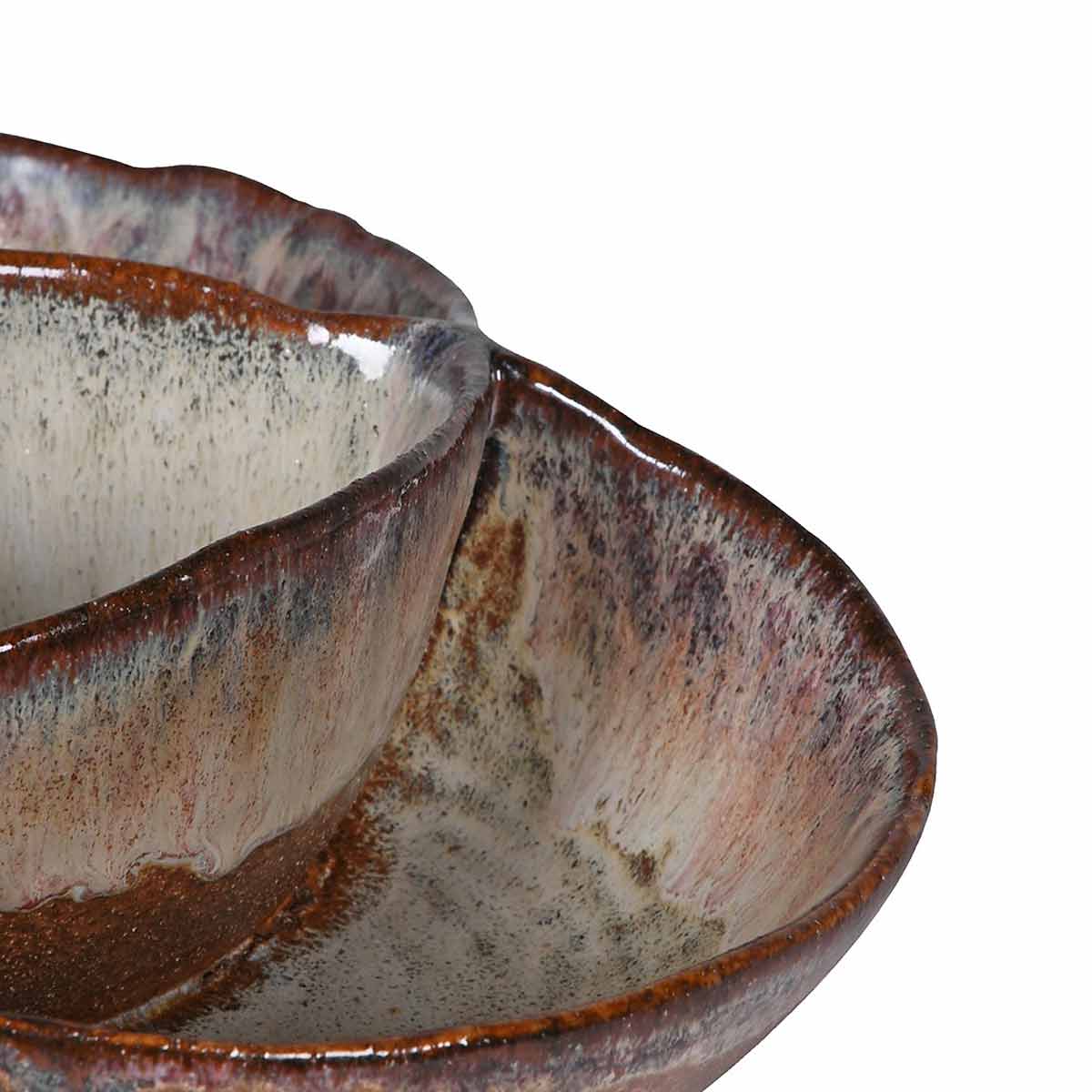 Brown Ombre Plate with Dip Pot – handmade stoneware with reactive glaze and curved shape with built-in dip bowl - Close up 2