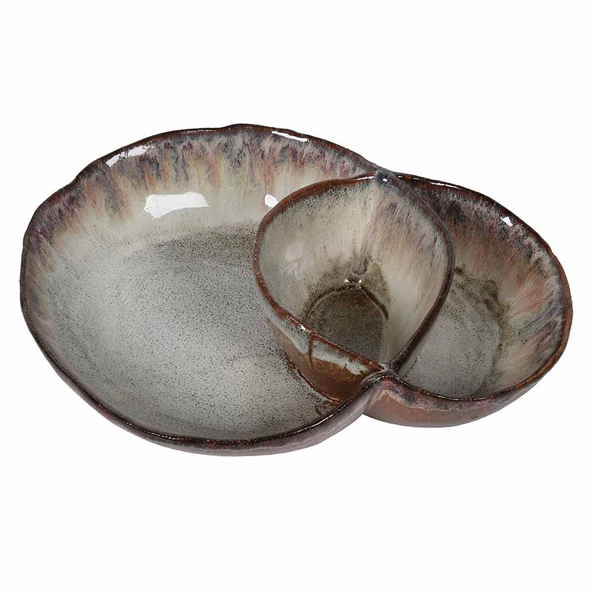 Brown Ombre Plate with Dip Pot – handmade stoneware with reactive glaze and curved shape with built-in dip bowl - Viewed from abovef