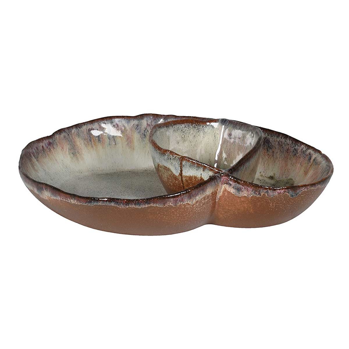 Brown Ombre Plate with Dip Pot – handmade stoneware with reactive glaze and curved shape with built-in dip bowl