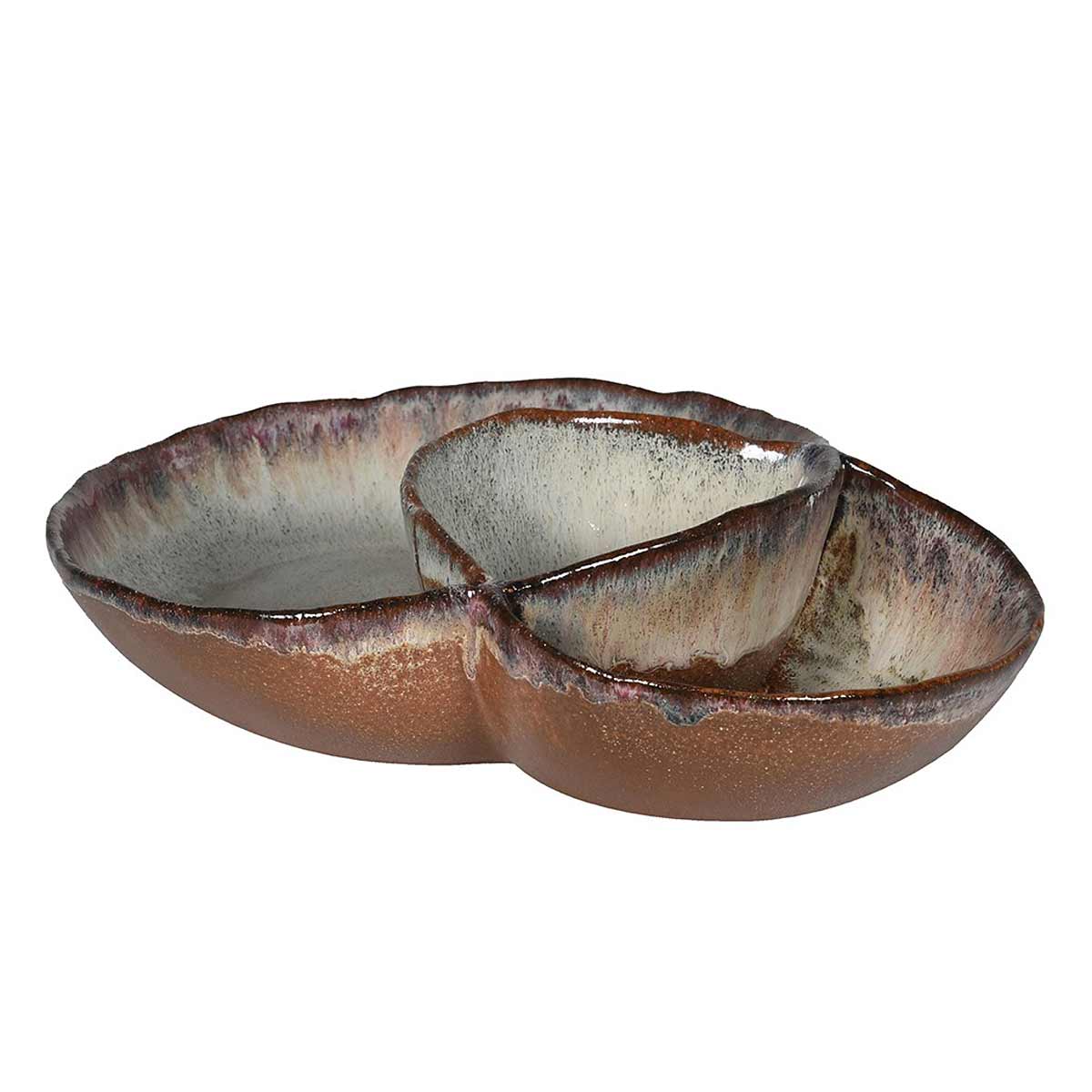Brown Ombre Plate with Dip Pot – handmade stoneware with reactive glaze and curved shape with built-in dip bowl - Side view