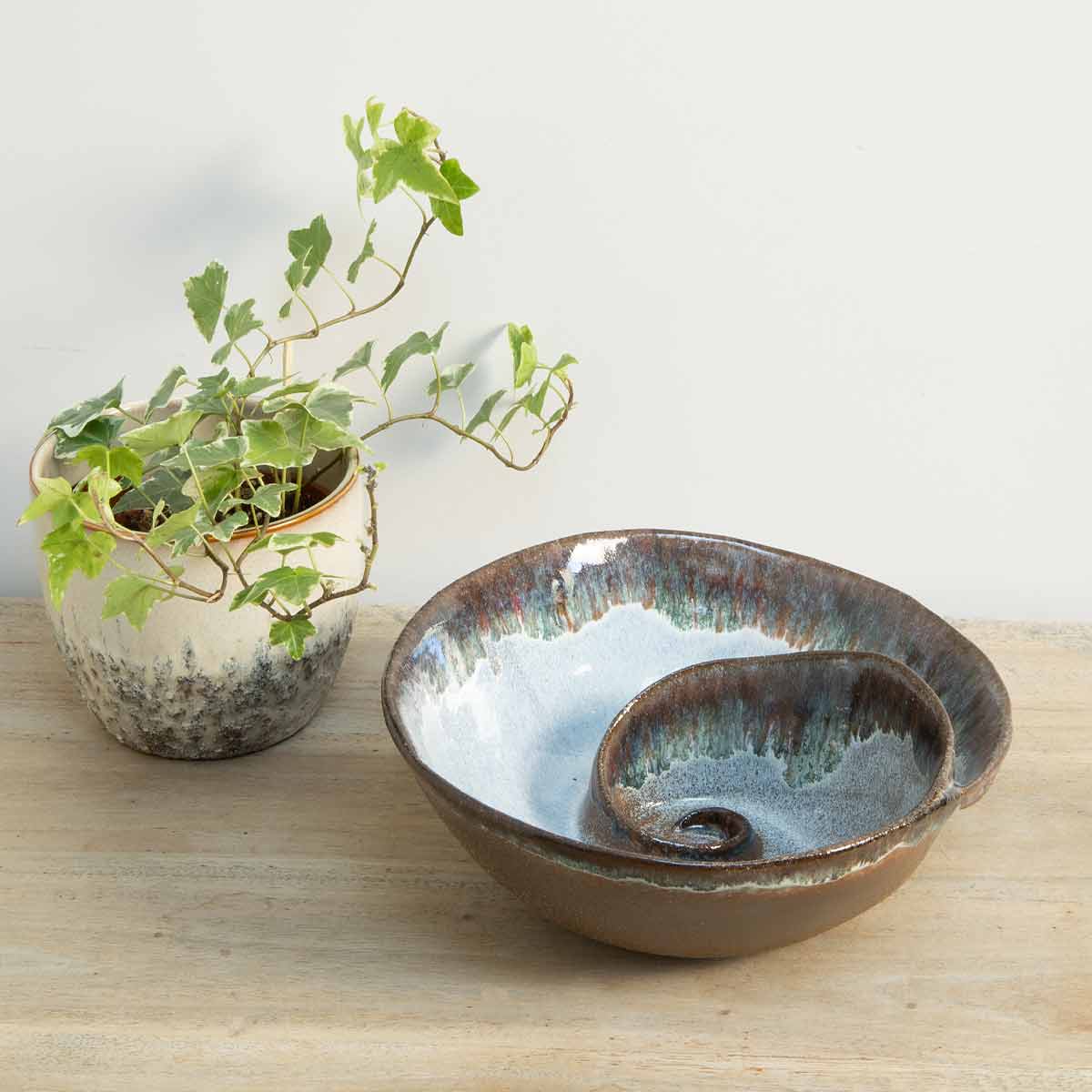 Brown Ombre Shell Effect Bowl – styled with potted plant on wooden surface
