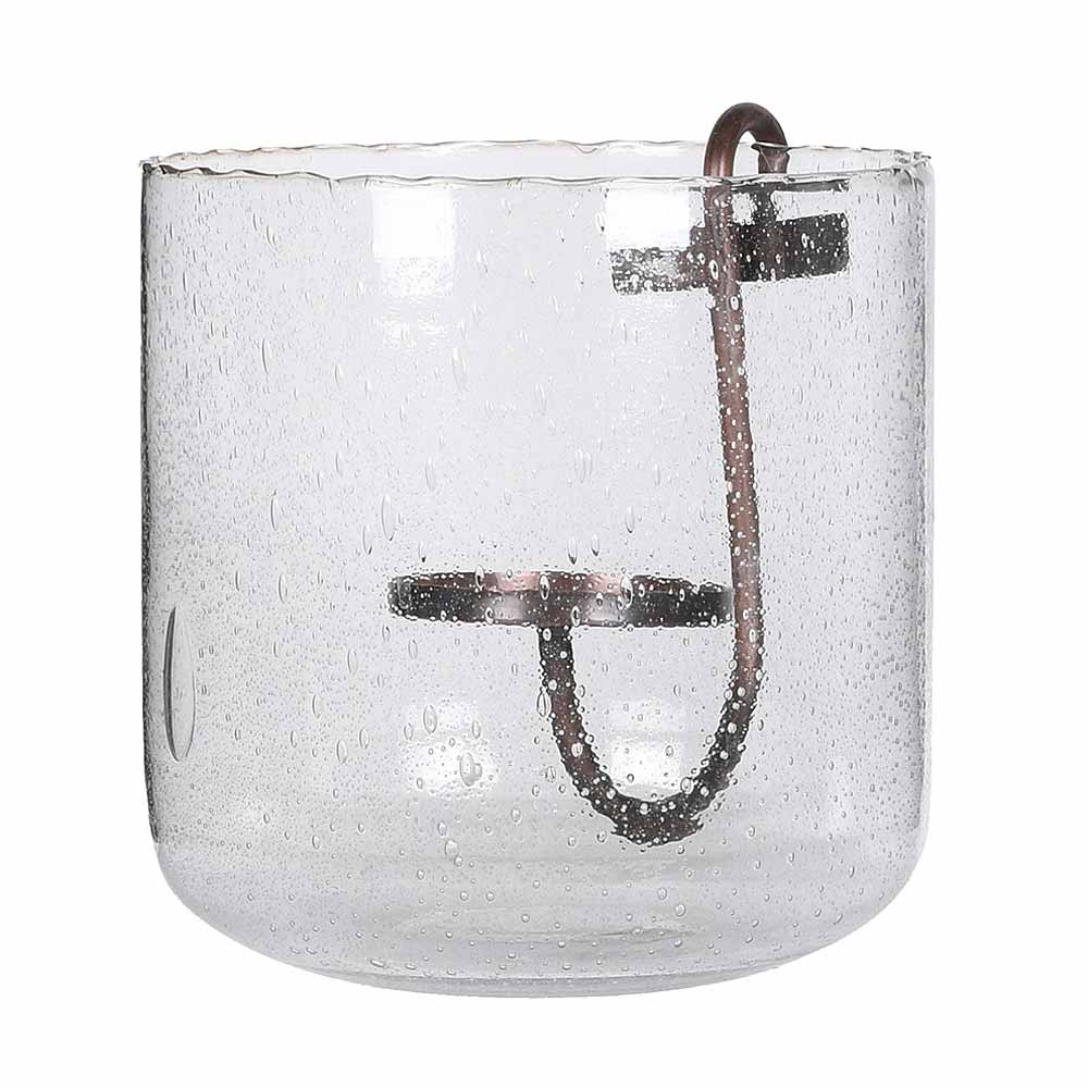 Clear glass candle holder with a bubbly textured finish and a dark bronze metal loop handle, shown on a solid white background.
