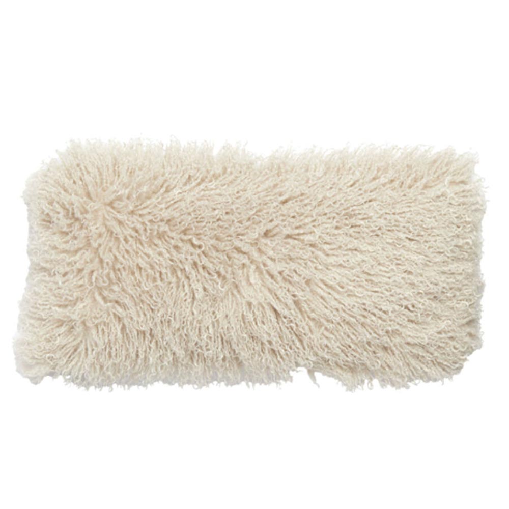 Stone faux fur oblong cushion with soft shaggy texture on a white background - Front on