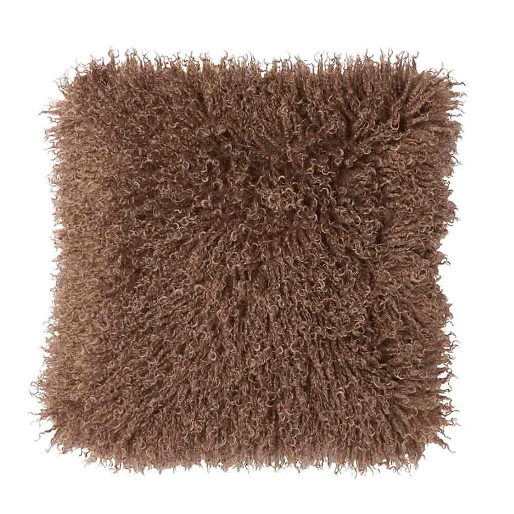Bubion Faux Fur Square Cushion in Dark Brown with shaggy woolen texture - Front