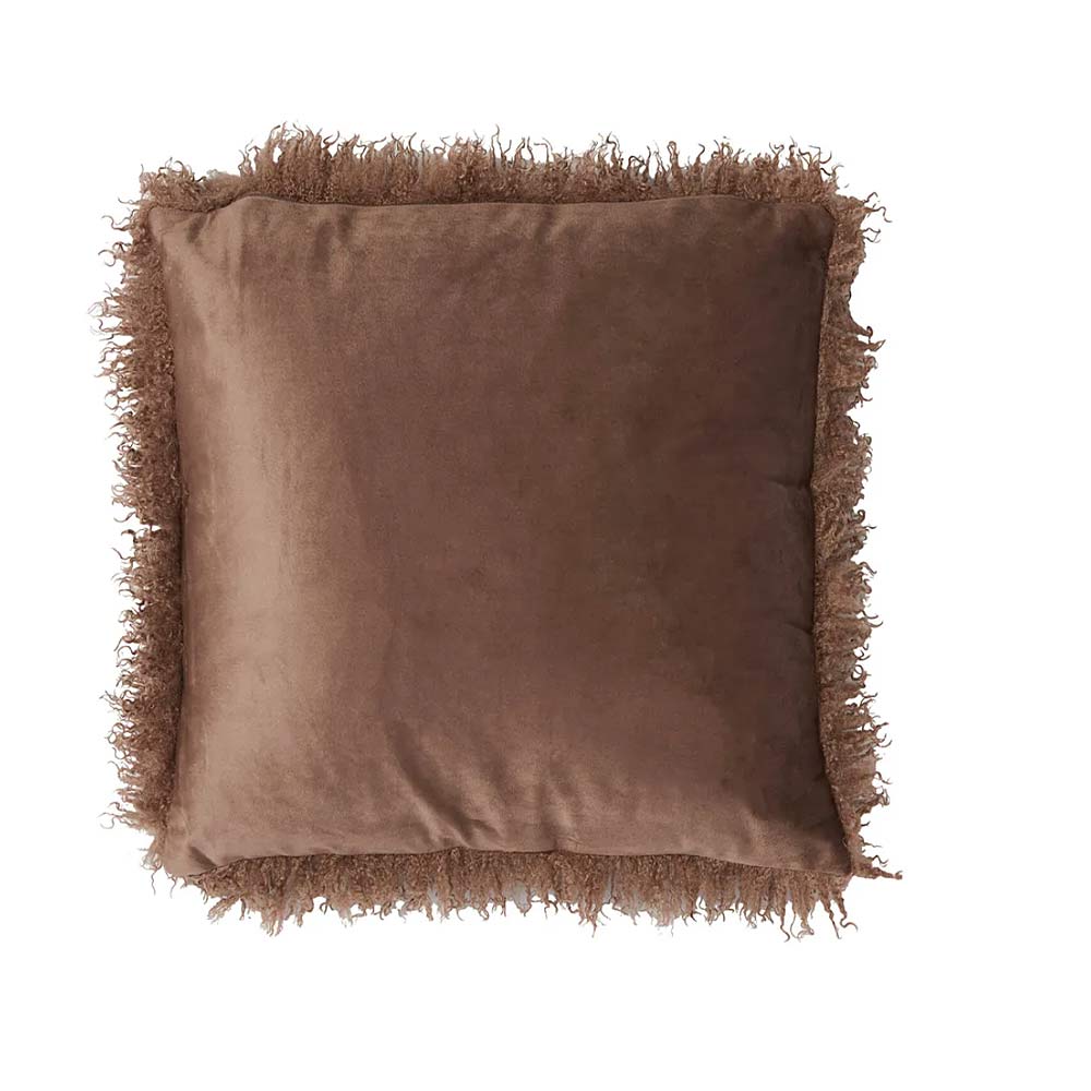 Bubion Faux Fur Square Cushion in Dark Brown with shaggy woolen texture - Reverse