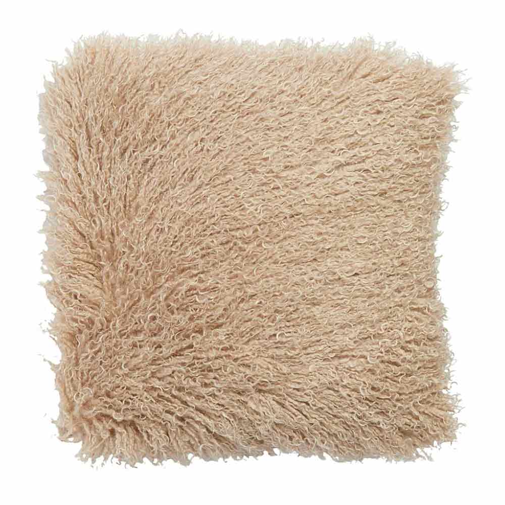 Bubion Faux Fur Square Cushion in Sand with shaggy texture on a white background - Front on