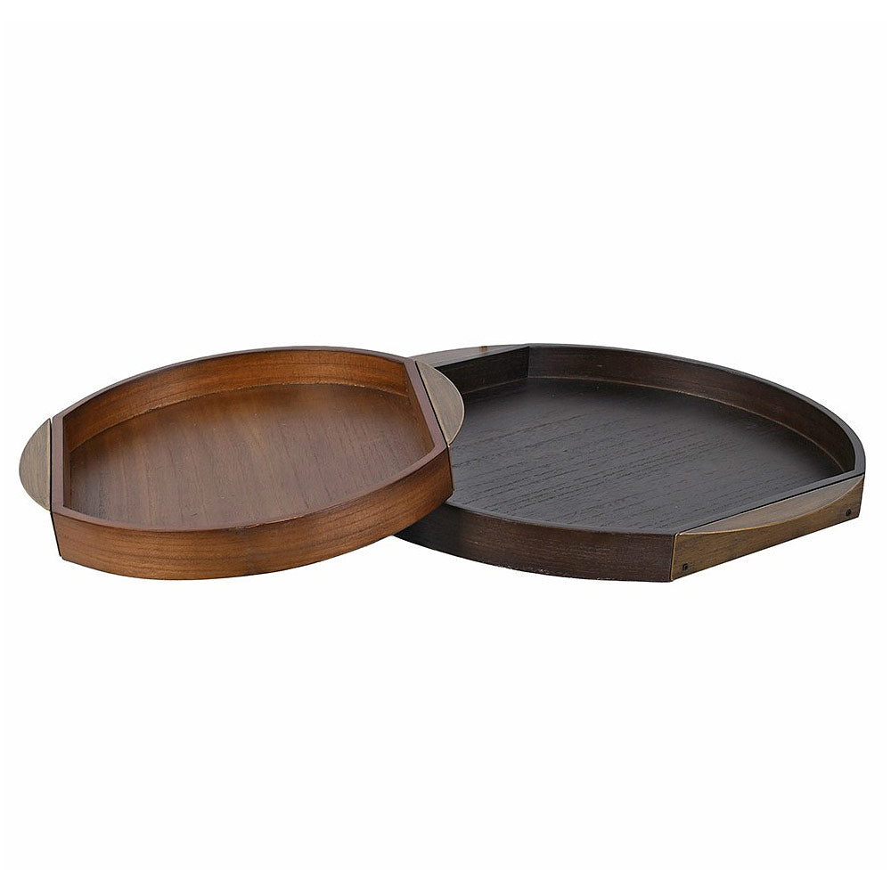 Two wooden trays with a segmented edge design, one in a warm medium brown finish, displayed on a solid white background.