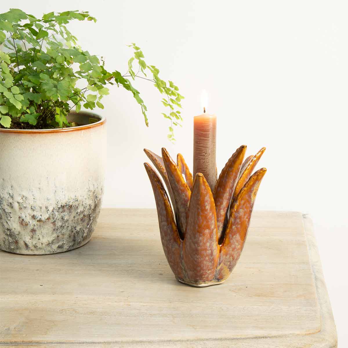 Cactus Ceramic Candlestick - Brown and Ochre