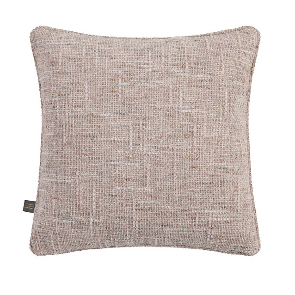 Pink Caden Cushion, 45x45cm, with a bouclé-style woven texture in blush, cream, and soft grey tones on white background