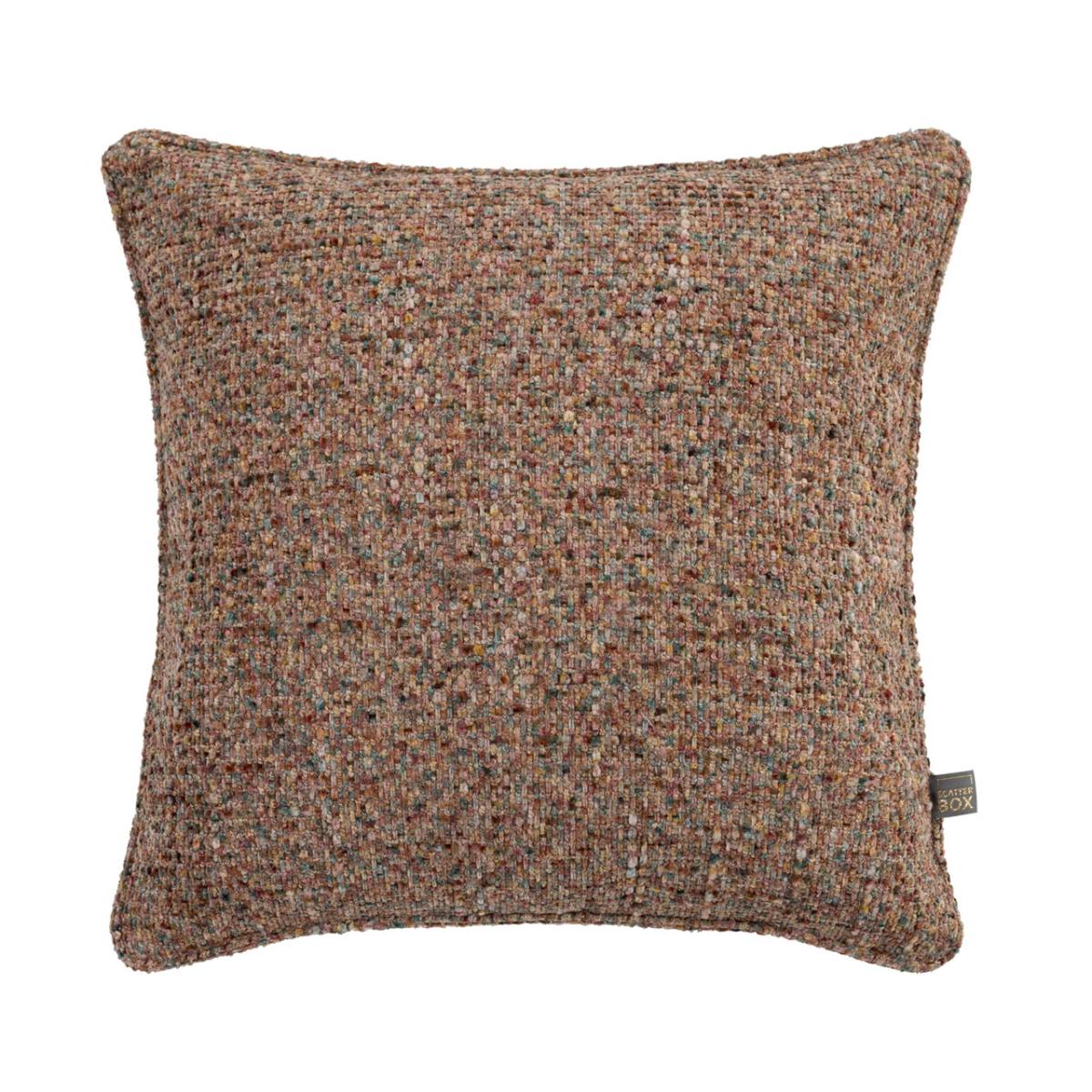Feather-filled Caden Square Cushion with earthy tones of Mulberry, Green and Terracotta on white background