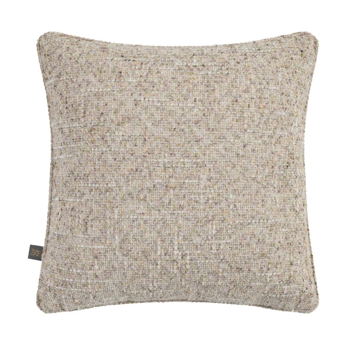 Caden Square Cushion Cream and Sage bouclé fabric on white background
