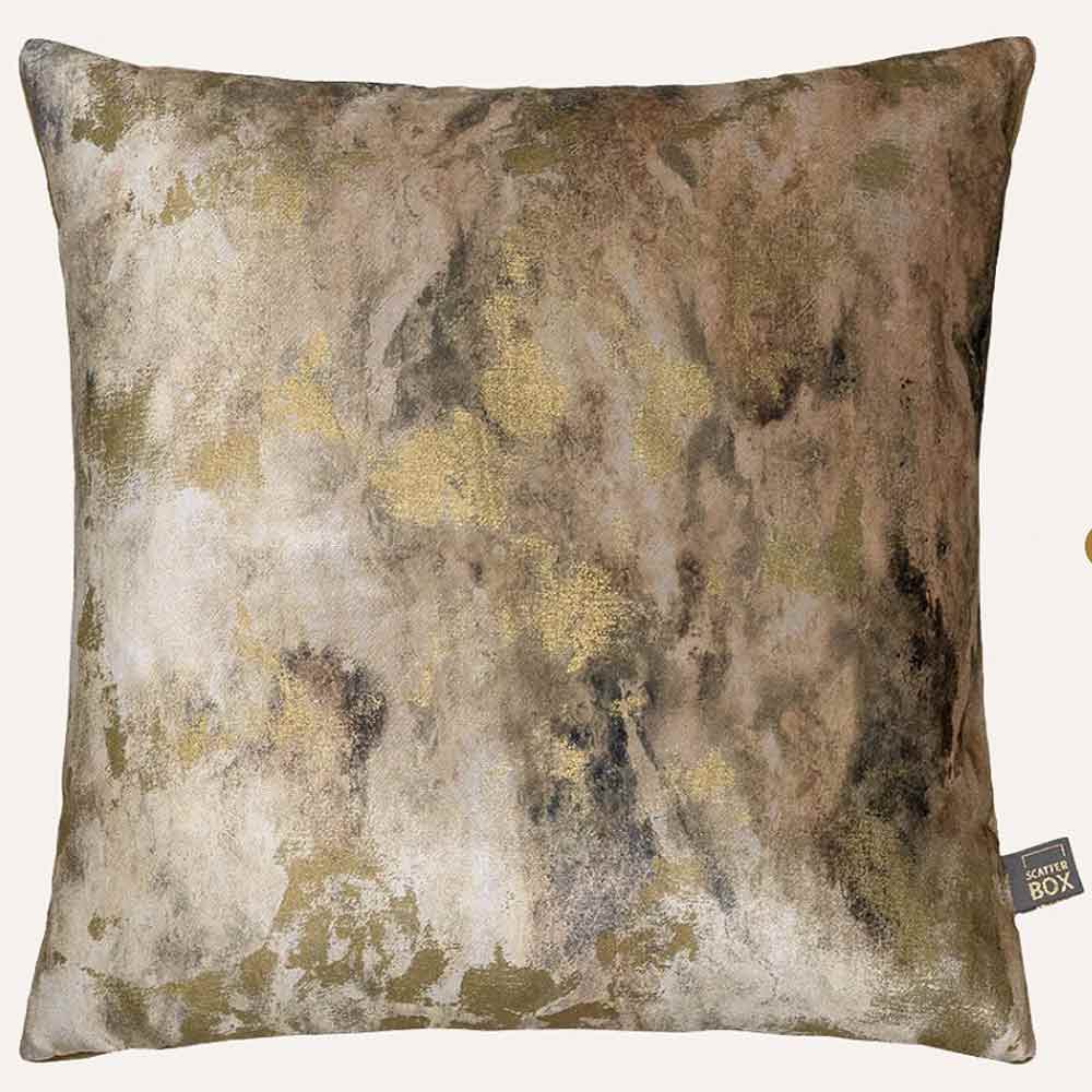 Large Square Caesium Cushion with Gold Metallic Front and with abstract pattern with olive green reverse on a white background